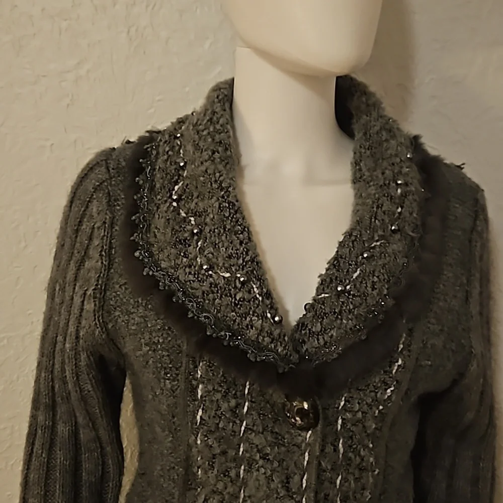 VTG FORLA PARIS 1990s Wool Fur Trim Rosette Longline Sweater Cardigan